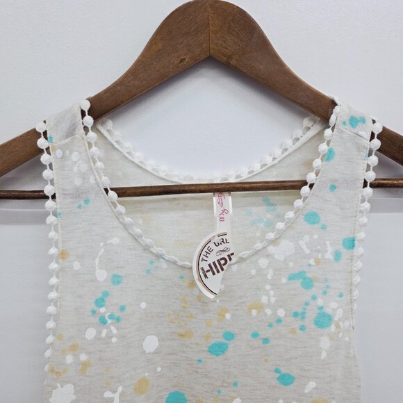 NWT Womens Babydoll Tank Top S Beige Paint Splatter Print Sleeveless Pom Trim - Picture 9 of 13